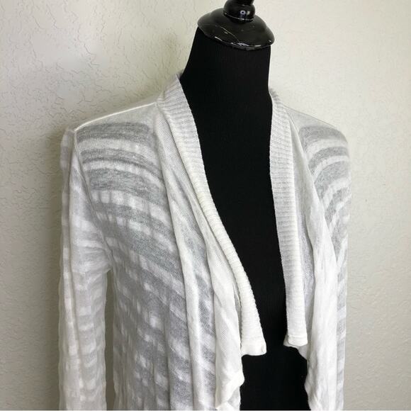 White + Warren white striped open front linen blend cardigan size Medium - Picture 2 of 16